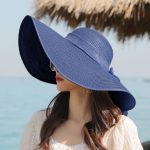 Oversized Wide-Brim Beach Straw Hat (Navy Blue) with Ribbon