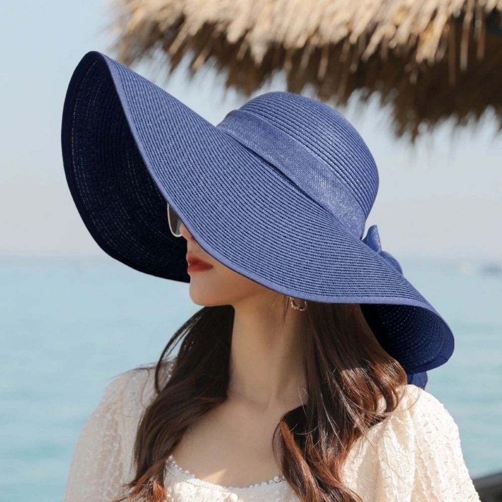 MOD-Product (35) Oversized Wide-Brim Beach Straw Hat (Navy Blue) with Ribbon - Image 1