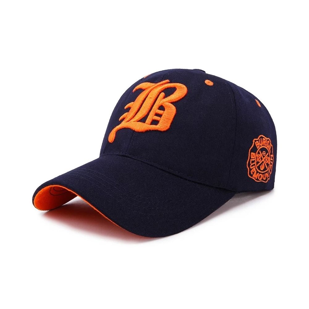 MOD-Product (48) Letter “B” Embroidered Baseball Cap with Side Crest (Navy/Orange) - Image 1
